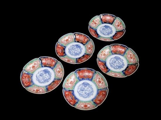 大聖寺伊万里 金襴手 団龍紋に花図 4寸皿 5枚セット