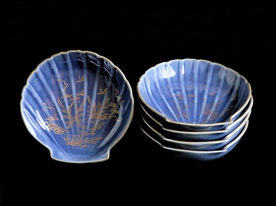 古伊万里 瑠璃色 貝の図 貝型変形皿 ５枚セット