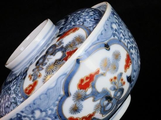 【開店記念セール！】 保障できる 大聖寺伊万里 工芸 大振蓋茶碗 唐草に松竹梅図 染錦 工芸品