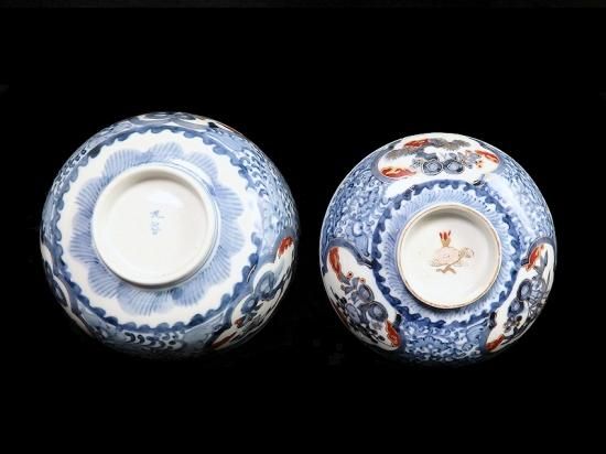 大聖寺伊万里 染錦 赤玉に獅子 瓔珞紋図 蓋茶碗 2客セット