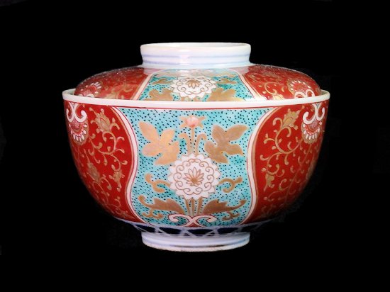 古伊万里 金襴手 金唐草に花の図 蓋茶碗