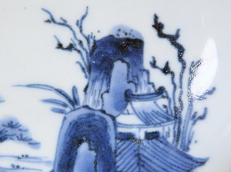 古伊万里　染付　墨弾　桜花に波　楼閣山水図　膾皿　５客　A634AS-CVz 古伊万里 染付 墨弾 流水に桜花 楼閣山水図 膾皿 5客セット