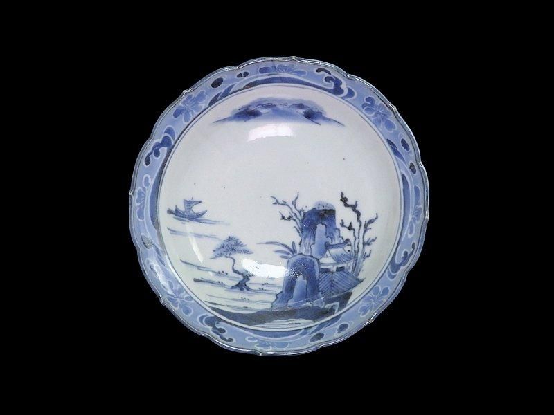 古伊万里　染付　墨弾　桜花に波　楼閣山水図　膾皿　５客　A634AS-CVz 古伊万里 染付 墨弾 流水に桜花 楼閣山水図 膾皿 5客セット