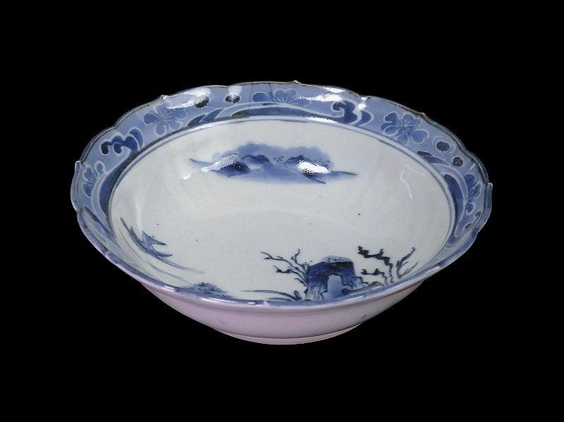 古伊万里染付墨弾桜花に波楼閣山水図膾皿5客A634AS-CVz