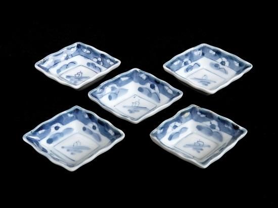 伊万里 染付 山水帆掛け船図 菱形変形豆皿 5枚セット
