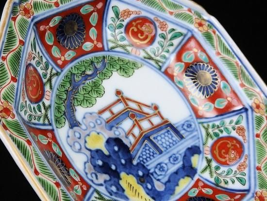 大聖寺伊万里 金襴手 団龍紋に石畳紋図 豆皿