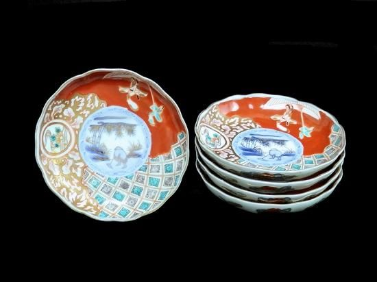 古伊万里 色絵 傘美人に雪中筍掘図4寸皿 5枚セット