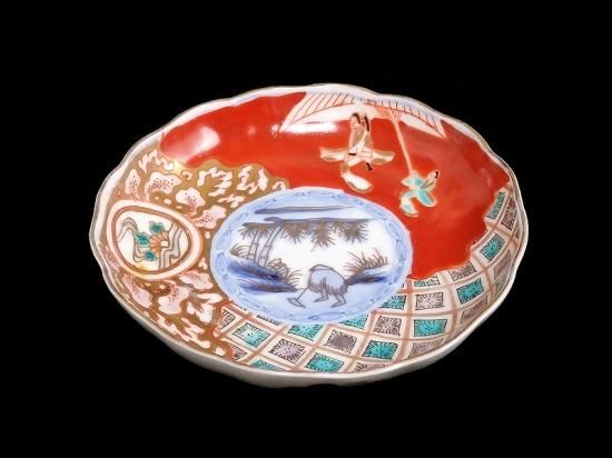 古伊万里 色絵 窓絵岩に東屋 笹に花図 蕎麦猪口