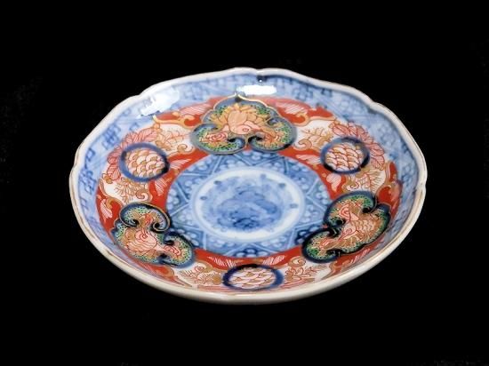 大聖寺伊万里 金襴手 窓絵鳳凰に青海波図 豆皿