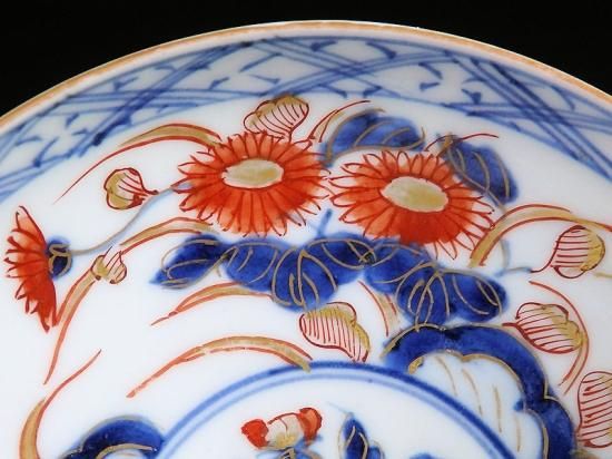 古伊万里 色絵 七寸皿 二客 21㎝ 草花 菊 牡丹 蝶 唐草 錦手CL95 古伊万里 金襴手 色絵 筍堀 草花唐草模様 冨貴長春 大膾皿
