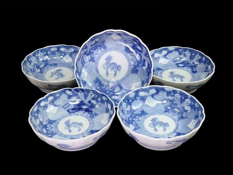 WEB限定お買い得商品の新着アイテム 巾着に宝尽くし 染付 古伊万里 麒麟図 5客セット 膾皿 工芸品