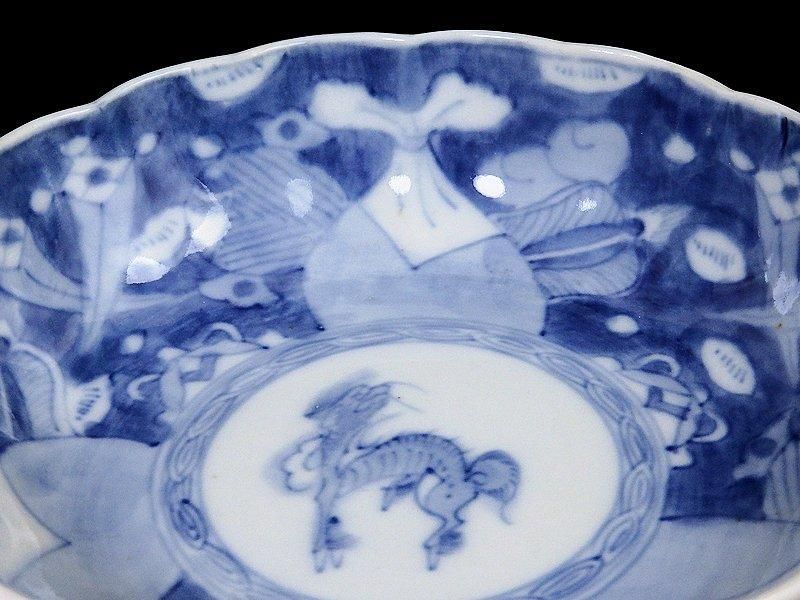 古伊万里 染付 巾着に宝尽くし 麒麟図 膾皿 5客セット