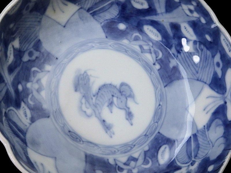 古伊万里 染付 巾着に宝尽くし 麒麟の図 膾皿 5客 129AS-CVv
