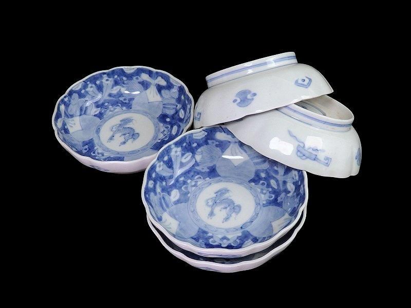 古伊万里 染付 巾着に宝尽くし 麒麟図 膾皿 5客セット