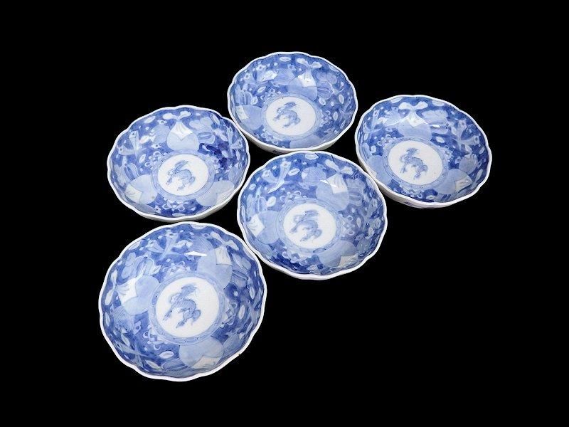古伊万里 染付 巾着に宝尽くし 麒麟図 膾皿 5客セット
