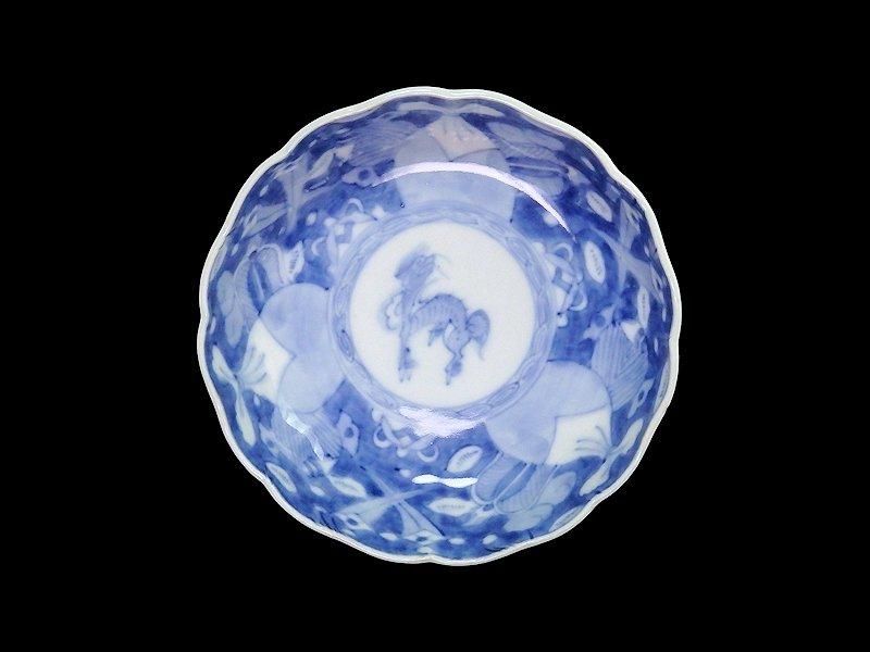 海外 正規品】 古伊万里 染付 129AS-CVv 5客 膾皿 麒麟の図 巾着