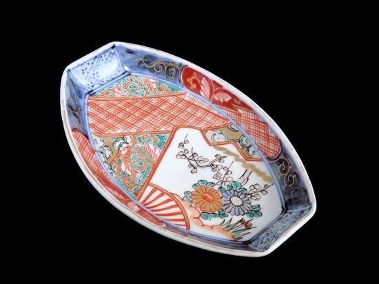 古伊万里 色絵 扇面菊花梅花図 舟形変形皿 5客セット