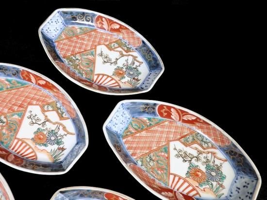 古伊万里 色絵 菊と梅の図 舟形変形皿 5客 526AS-CAk 美術品