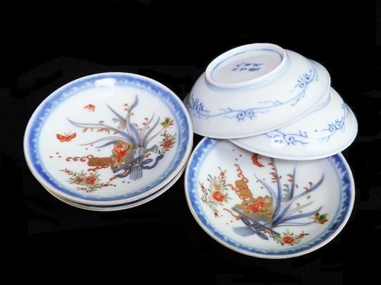 古伊万里 染錦 扇に蘭 蝶に撫子図 4寸皿 5枚セット 古伊万里 染錦 扇に蘭 蝶に撫子図 4寸皿 5枚セット