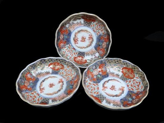 古伊万里 金襴手 宝珠に団龍紋 熨斗に花の図 膾皿 3客セット
