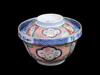 古伊万里金襴手亀甲に青海波舞鶴の図蓋茶碗E086AS-CTi