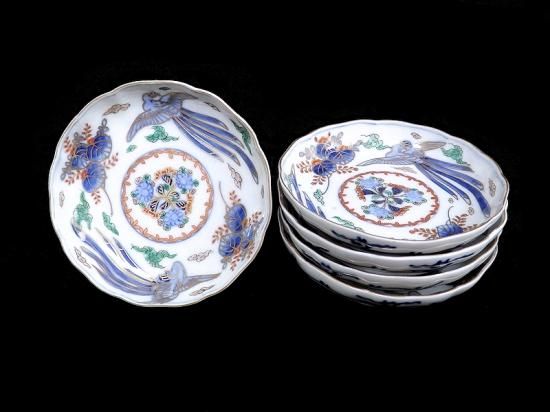 美品❣️古伊万里　染錦　桐に鳳凰図4寸皿5枚セット 古伊万里 染錦 桐に鳳凰図 4寸皿 5枚セット