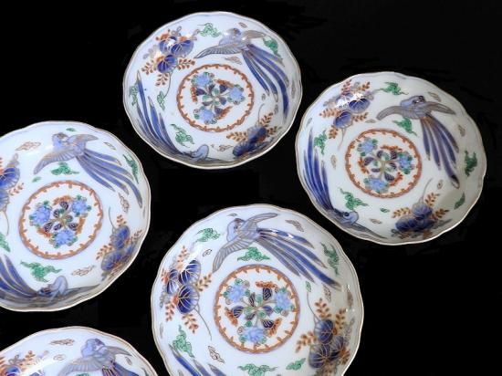 美品❣️古伊万里　染錦　桐に鳳凰図4寸皿5枚セット 古伊万里 金襴手 鳳凰に花図 4寸皿 5枚セット