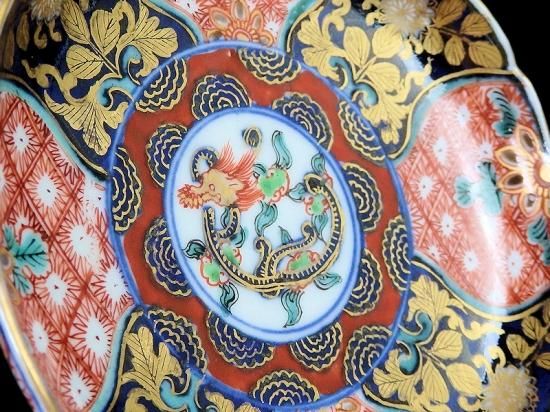 古伊万里　金襴手　団龍紋に花の図　４寸皿　５枚　307AS-fbuu 古伊万里 金襴手 菊花四方襷紋に花 団龍紋図 4寸皿 2枚セット