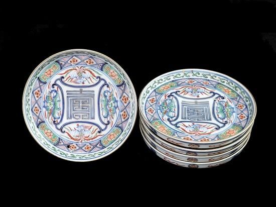 大聖寺伊万里 金襴手 龍に鳳凰 寿紋図 縁高4寸皿 5枚セット