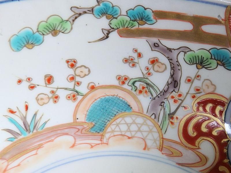 古伊万里 色絵 窓絵双葉葵に源氏香 竹垣に松図 深鉢