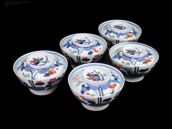 古伊万里 染錦 河骨紋図 広東型蓋茶碗 5客セット 古伊万里 染錦 河骨紋図 広東型蓋茶碗 5客セット