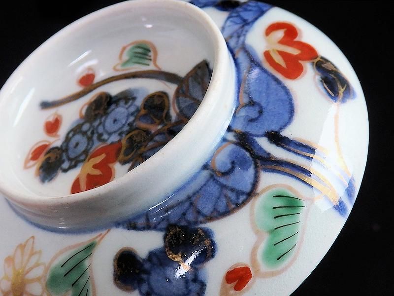 古伊万里 染錦 河骨紋図 広東型蓋茶碗 5客セット 古伊万里 染錦 河骨紋図 広東型蓋茶碗 5客セット