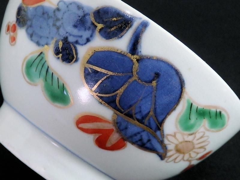古伊万里 染錦 河骨紋図 広東型蓋茶碗 5客セット 古伊万里 染錦 河骨紋図 広東型蓋茶碗 5客セット