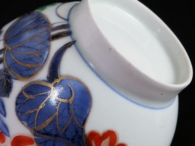 古伊万里 染錦 河骨紋図 広東型蓋茶碗 5客セット 古伊万里 染錦 河骨紋図 広東型蓋茶碗 5客セット