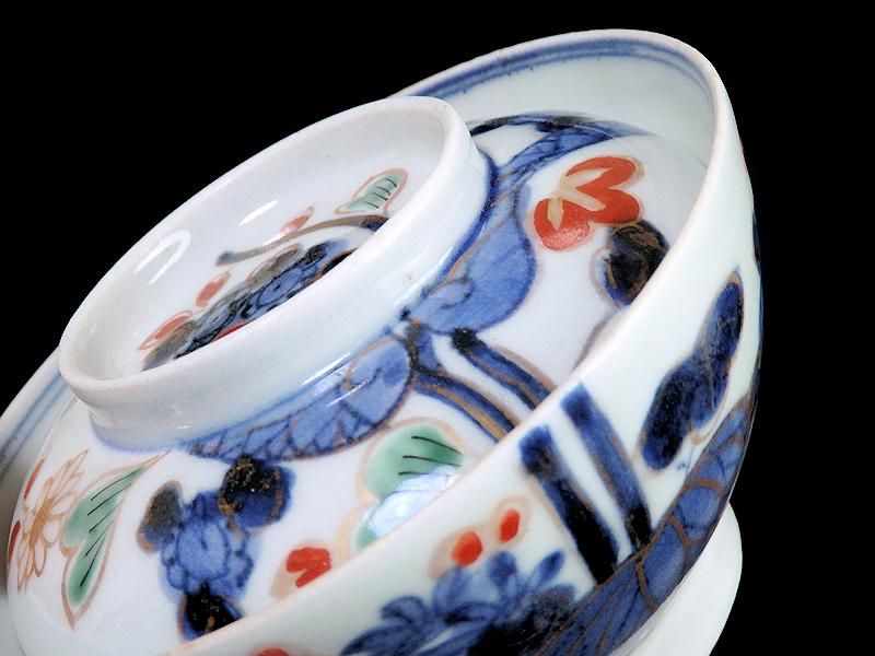 古伊万里 染錦 河骨紋図 広東型蓋茶碗 5客セット 古伊万里 染錦 河骨紋図 広東型蓋茶碗 5客セット