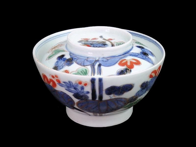 古伊万里 染錦 河骨紋図 広東型蓋茶碗 5客セット 古伊万里 染錦 河骨紋図 広東型蓋茶碗 5客セット