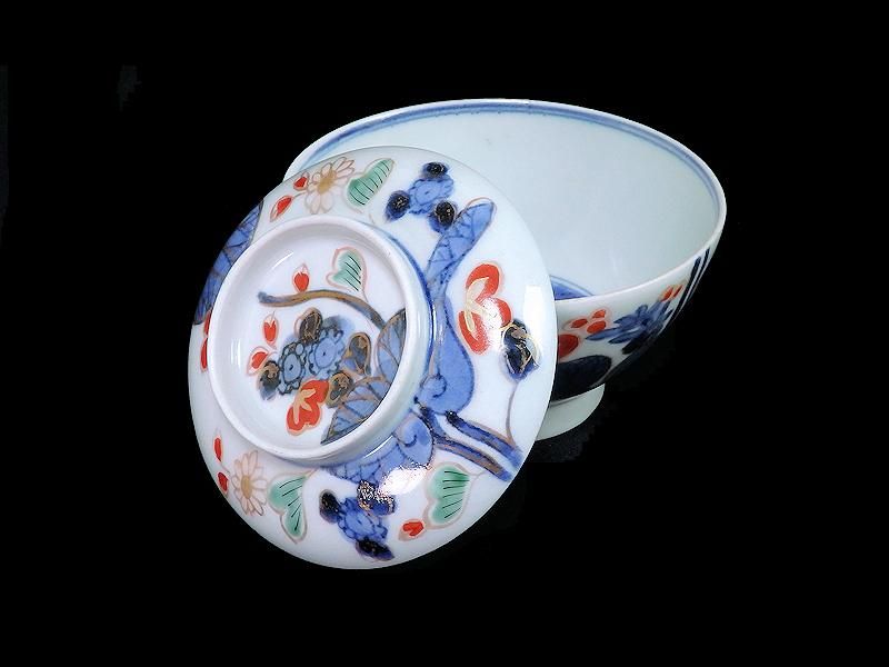 古伊万里 染錦 河骨紋図 広東型蓋茶碗 5客セット