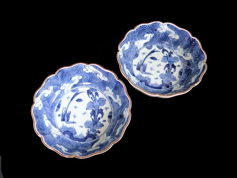 古伊万里 染付 雷紋に雲 花鳥紋図 膾皿 2客セット 江戸期
