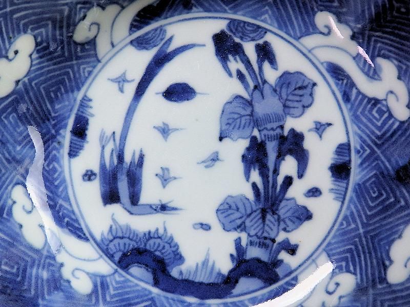 古伊万里 染付 雷紋に雲 花鳥紋図 膾皿 2客セット 江戸期