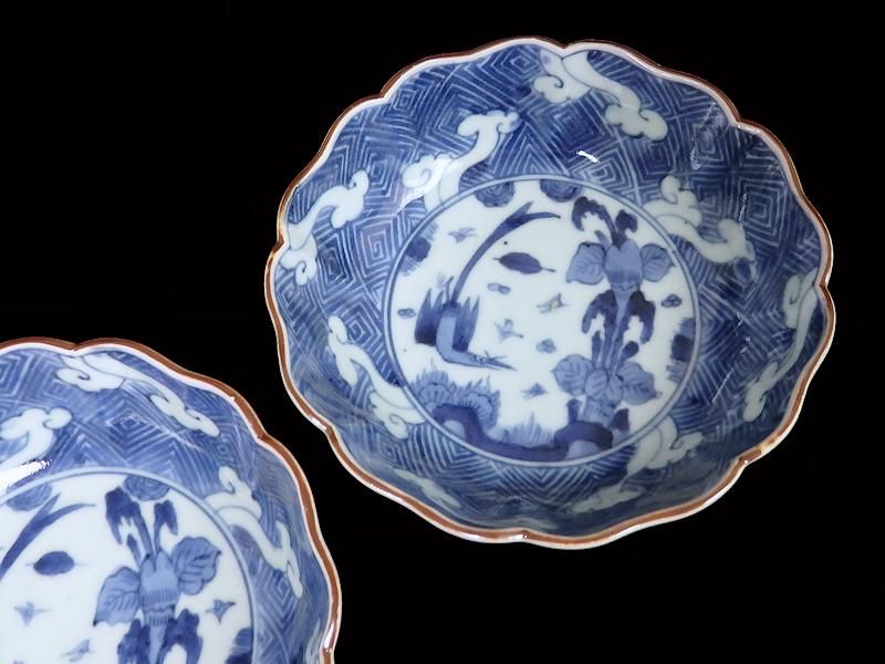 古伊万里 染付 雷紋に雲 花鳥紋図 膾皿 2客セット 江戸期 古伊万里 染付 雷紋に雲 花鳥紋図 膾皿 2客セット 江戸期