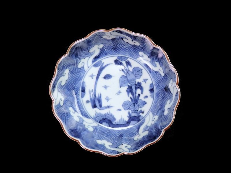古伊万里 染付 雷紋に雲 花鳥紋図 膾皿 2客セット 江戸期 古伊万里 染付 雷紋に雲 花鳥紋図 膾皿 2客セット 江戸期