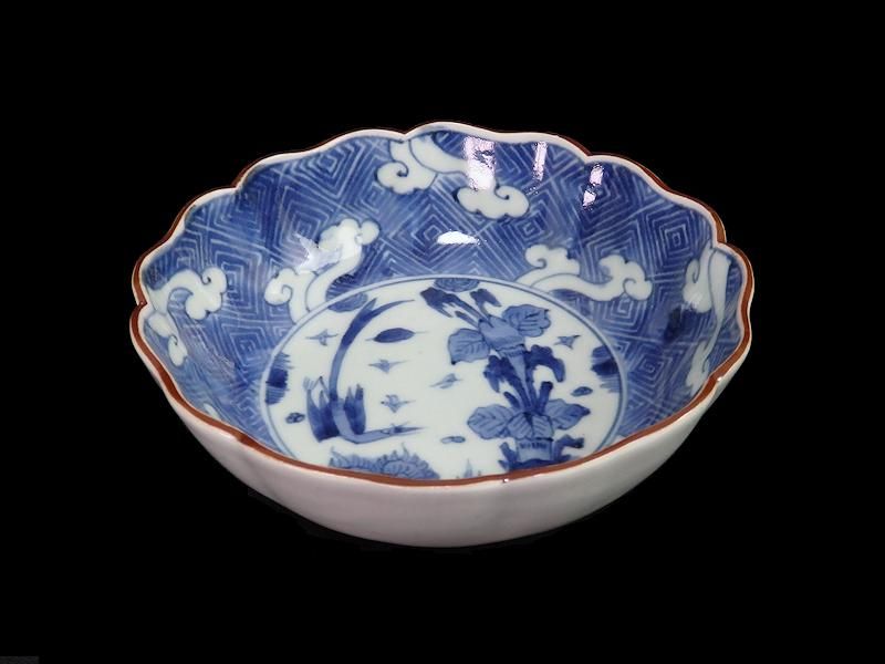 古伊万里 染付 雷紋に雲 花鳥紋図 膾皿 2客セット 江戸期 古伊万里 染付 雷紋に雲 花鳥紋図 膾皿 2客セット 江戸期