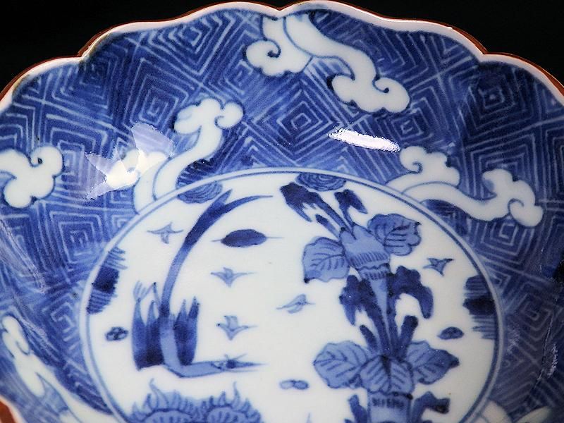 古伊万里 染付 雷紋に雲 花鳥紋図 膾皿 2客セット 江戸期