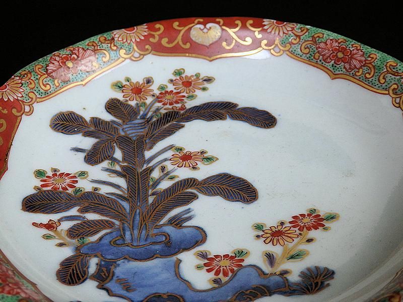 古伊万里 色絵 芭蕉葉に花図 4寸半皿 2枚セット
