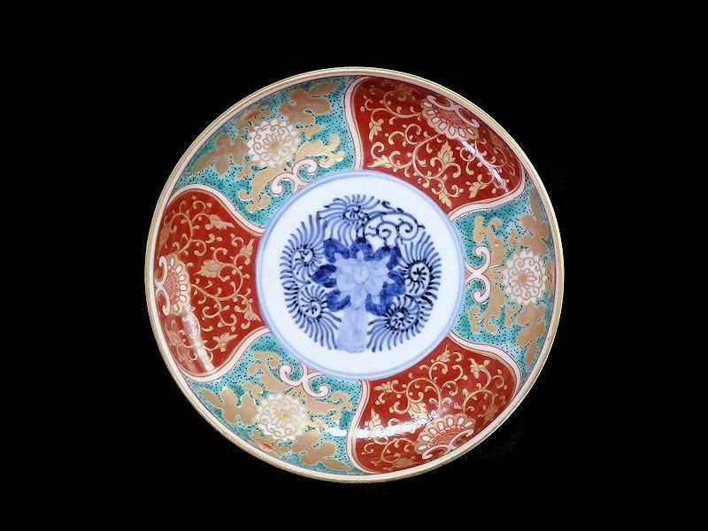グリーン・ホワイト系 完成品♪ 大聖寺伊万里 金襴手 百花繚乱 花籠に
