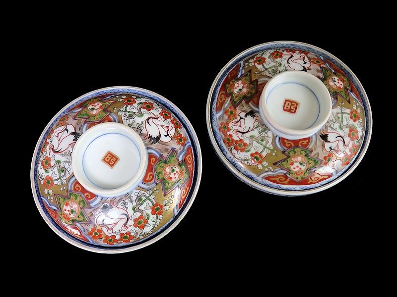 古伊万里 金襴手 瓔珞紋に龍の図 大振蓋茶碗 江戸期