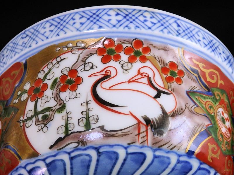 古伊万里 金襴手 双鶴に梅花図 大振蓋茶碗 2客セット