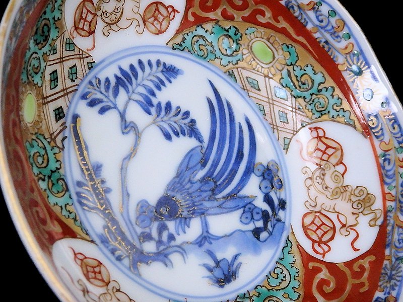 古伊万里 金襴手 玉乗り獅子に鳥図 ３寸半皿 ５枚セット