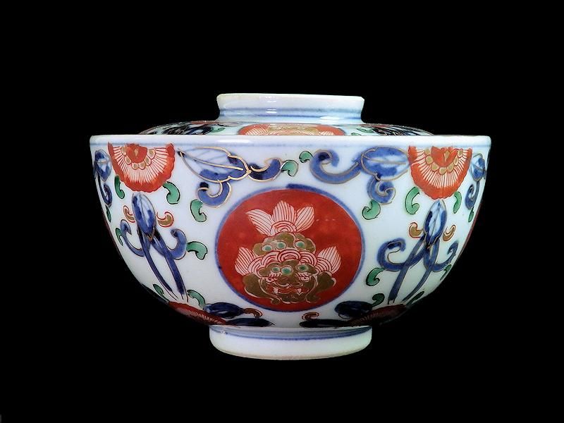 大聖寺伊万里 唐子に桜花 金唐草に花の図 大振蓋茶碗 D073AS-CPe