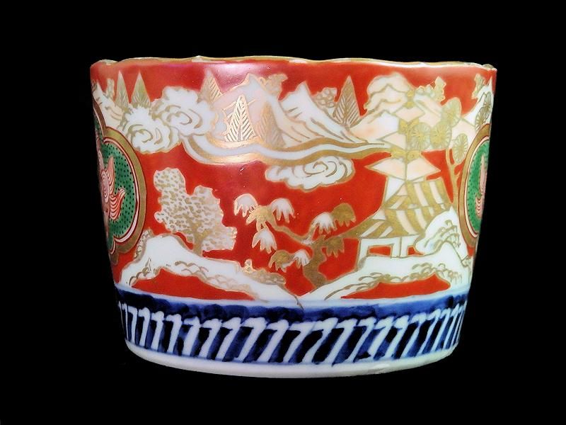 古伊万里 色絵 獅子に山村図 大振蕎麦猪口 古伊万里 色絵 獅子に山村図 大振蕎麦猪口